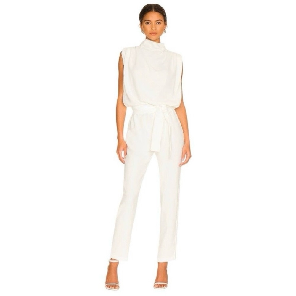 Amanda Uprichard x REVOLVE Fabienne Ivory Mock Neck Belted Jumpsuit Medium
